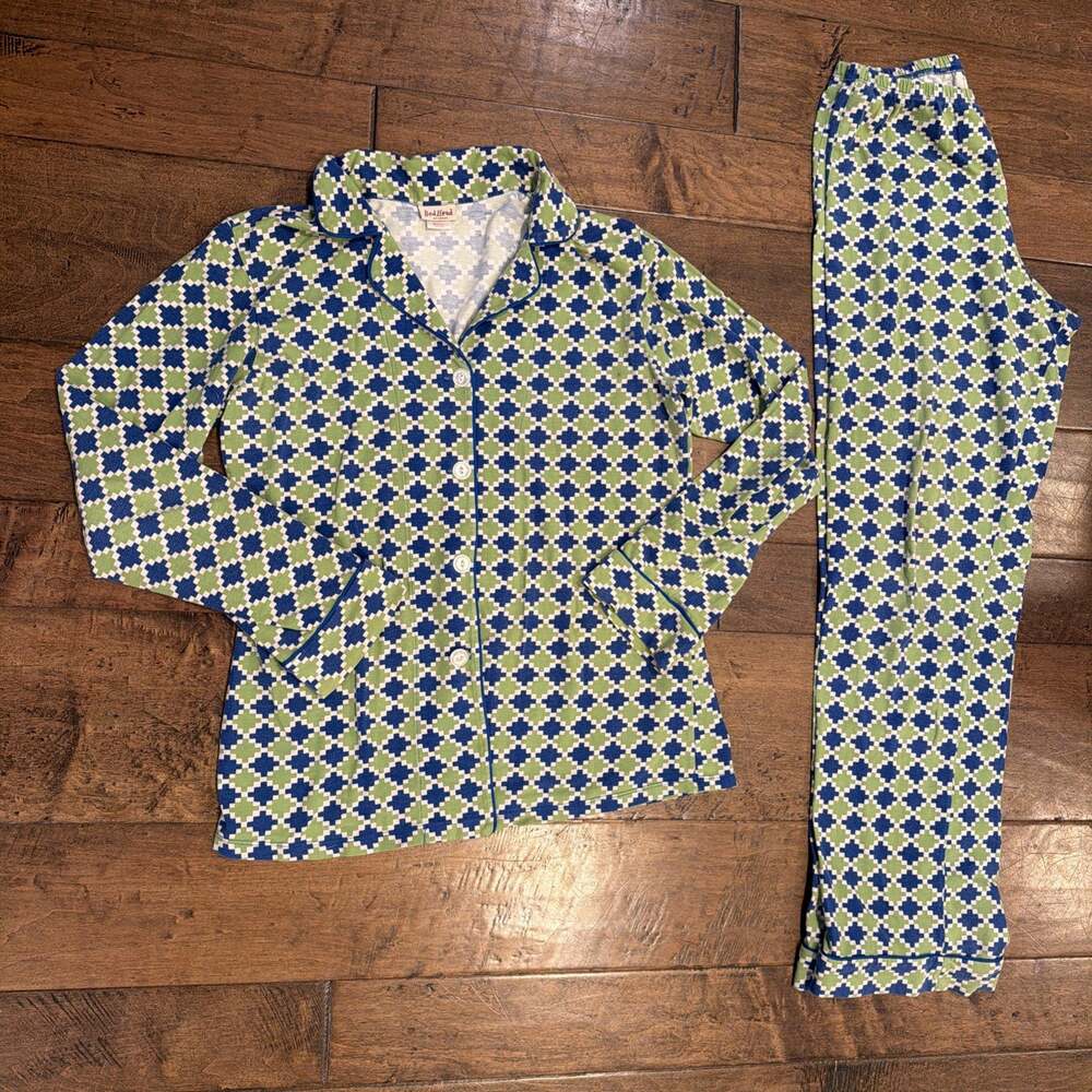 BedHead Pajamas Womens M Vintage Made in USA Green Blue Geometric Pixel PJ Set